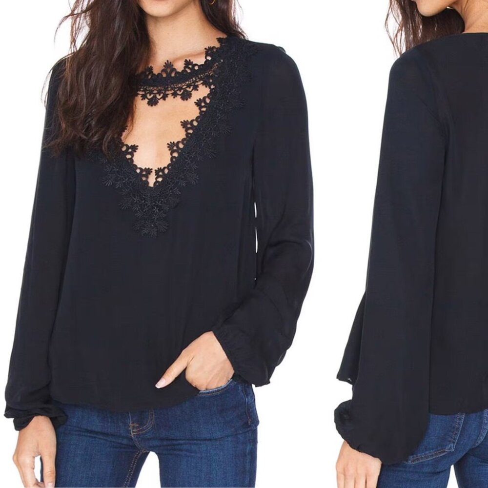 CAMI NYC Tali Silk Plunge V-Neck Lace Puff Sleeve Blouse \\ XS